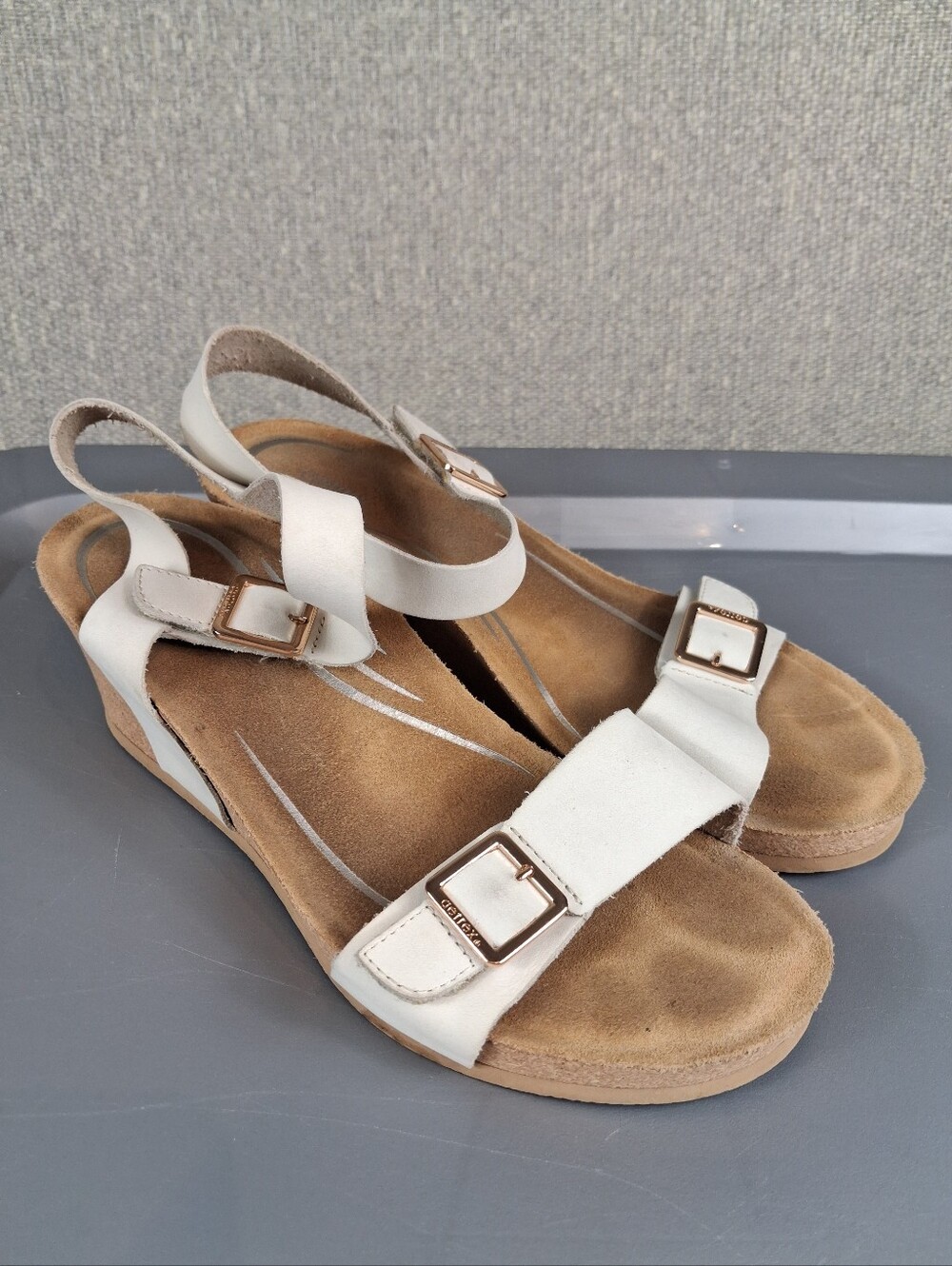 Aetrex Lexa Quarter Strap Cork Wedge Sandals Ivory Leather Built-in Orthotic